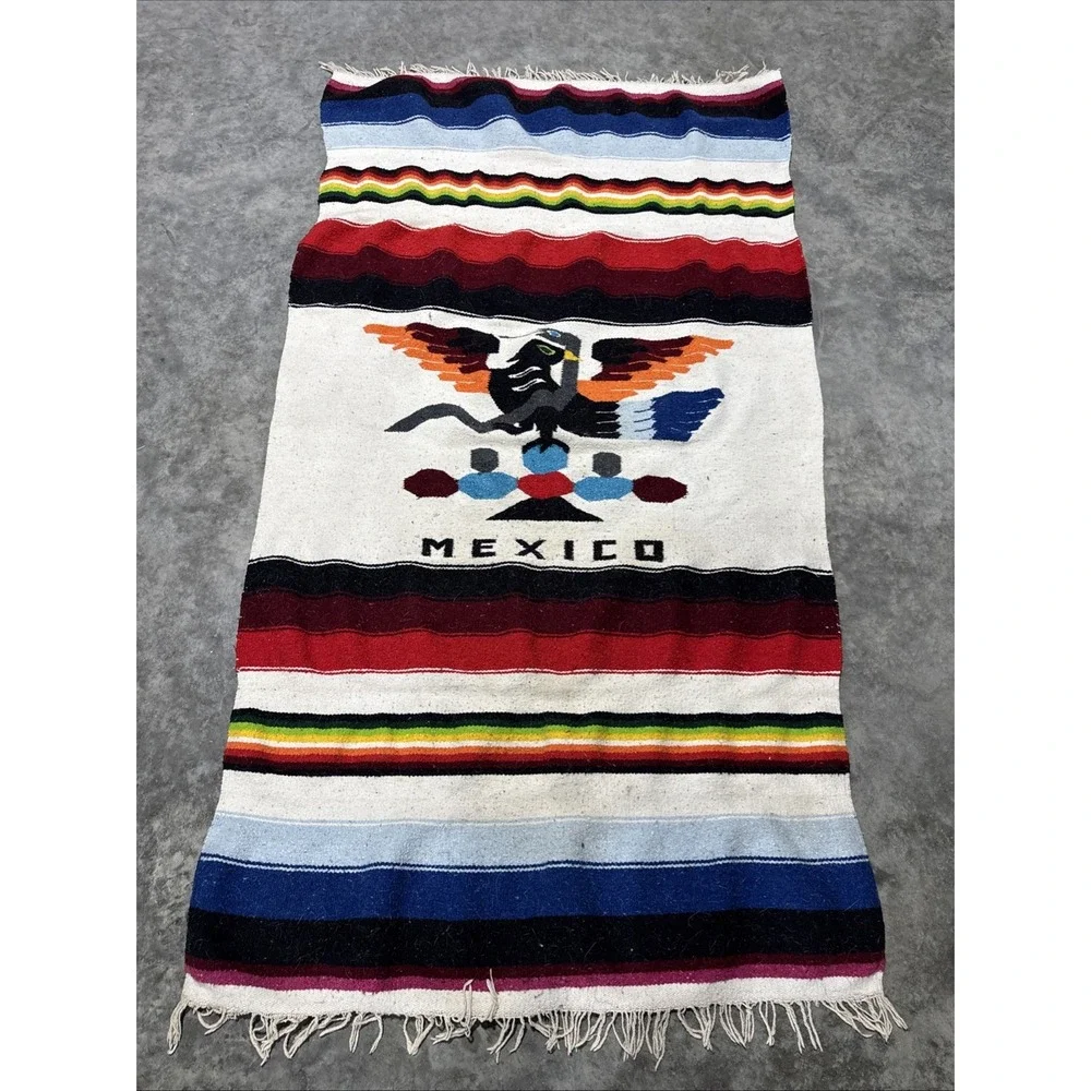 Vintage Hand Woven Mexican Blanket Cotton Weave Bird Fringe Rare  72x40